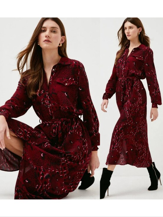 Karen Millen Dresses & Skirts - Karen Millen Leopard head woven midi shirt dress Red Burgundy Size 6